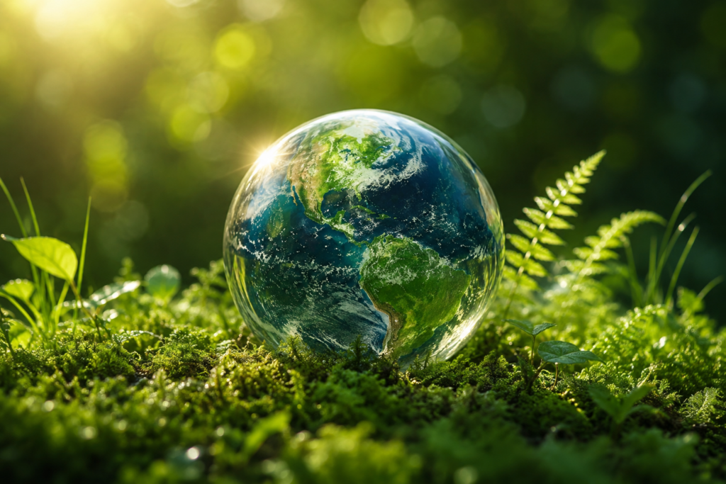 Globe of the Earth surrounded by green plants representing sustainability and environmentally friendly classes and activities in Ireland.