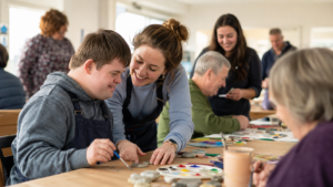 Volunteer supporting an adult with an intellectual disability during an inclusive community art workshop in Ireland