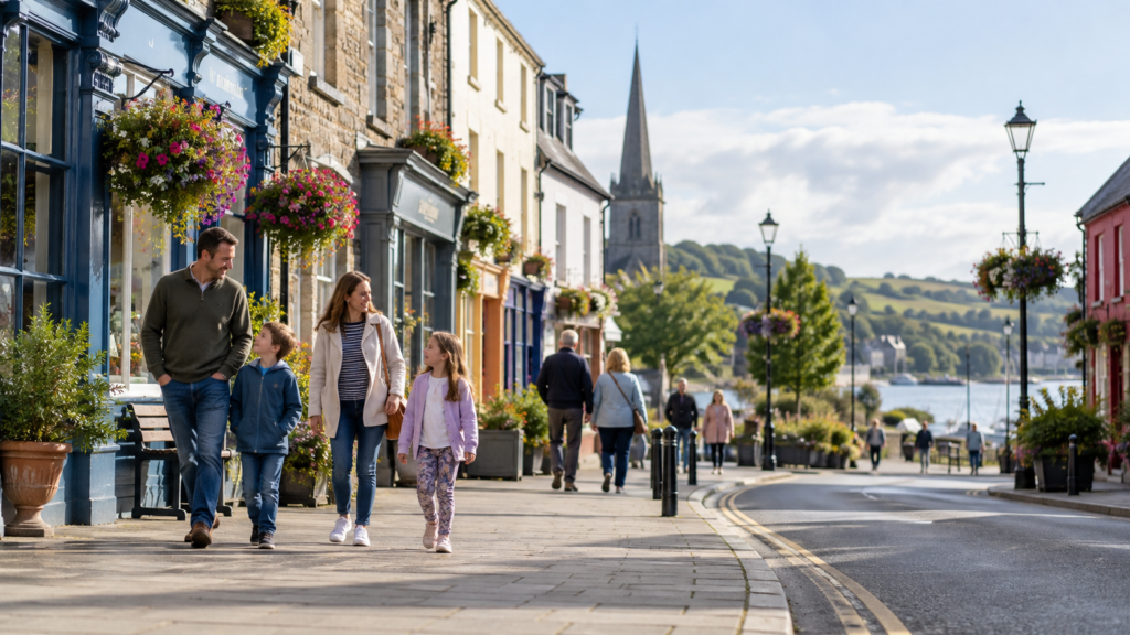 Quiet, calm Irish main street with families walking, representing an autism friendly town in Ireland