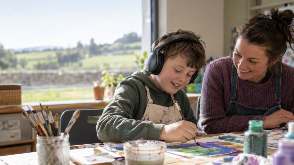 Smiling autistic boy wearing noise-cancelling headphones while painting with a supportive adult in a community art setting in Ireland.
